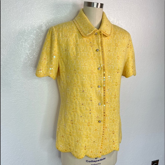 RARE Vintage 70s retro St. John yellow knit holographic daisy sweater top 6 - Picture 2 of 6